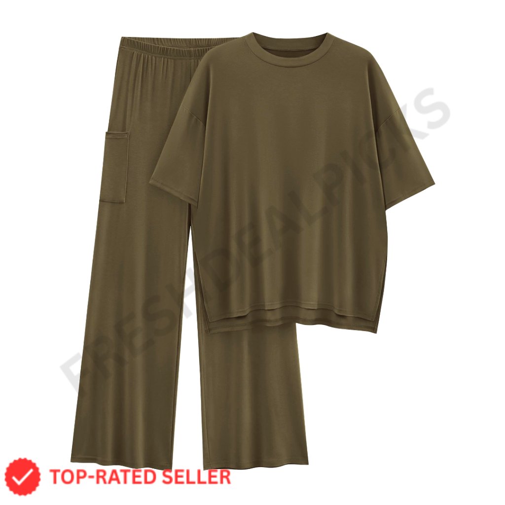 Oversized Loose Fit Two Piece Lounge Set Soft Knit Wide Leg Pants